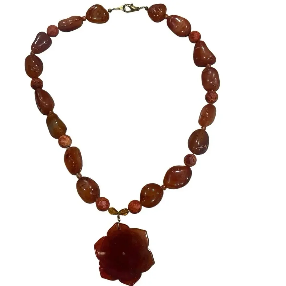 Vintage Korea Carnelian Rose Pendant Necklace Hand Carved Statement Floral 111g